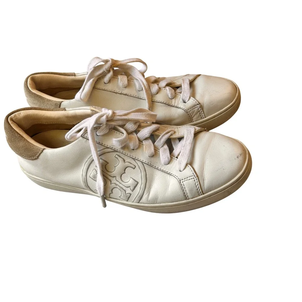Tory Burch Howell Court Sneakers‎ Size 8 White Leather Double T Logo